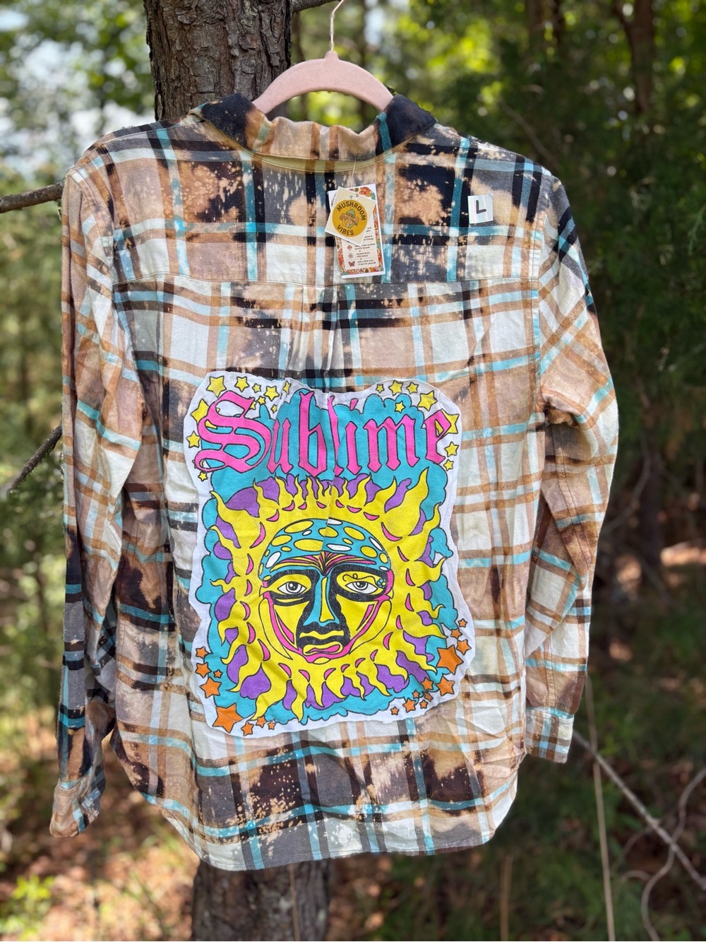 ☀️🎶 Sublime tie dye Plaid flannel Men's L retro up cycled shirt band
